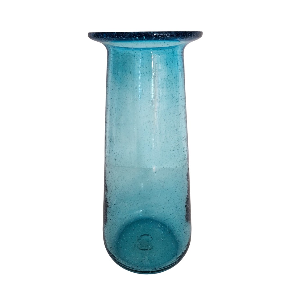 Hand Blown Turquoise Blue Seeded Bubble Glass Vase Flared Rim 10 Inch